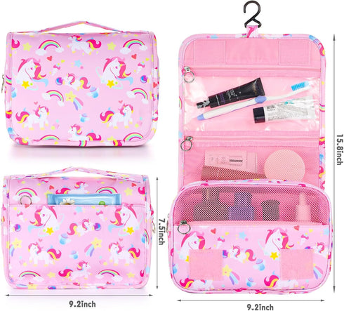 Kids Hanging Toiletry Bag for Girls, Travel Waterproof Wash Bag for Little Young Girls Cosmetic Makeup, Unicorn Pink