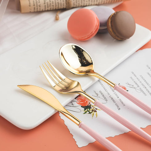 90pcs Gold Plastic Silverware with Pink Handle, Elegant Disposable Cutlery for Wedding, Party, Daily Use