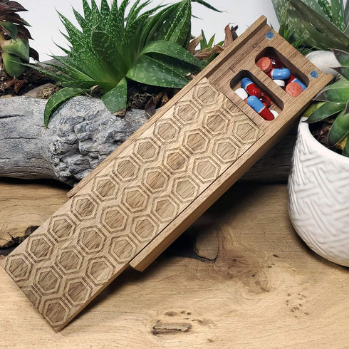 7 Day Weekly Pill Box – Natural Acacia Wood Pill Organizer for Daily Supplements, Vitamins – Pill Container
