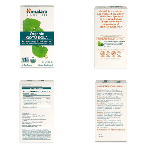 Himalaya Organic Gotu Kola Herbal Supplement - Energy, Focus, Memory, Cognitive Support, 90 Plant-Based Caplets