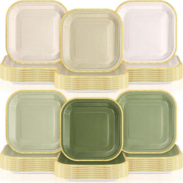 Tiangrid 120 Pcs Sage Green Paper Plates 7 Inch Gradient Disposable Square Dessert