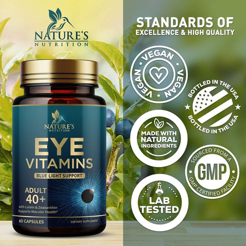 Eye Vitamins & Mineral Supplement, 60 Capsules - Contains Lutein, Zeaxanthin, Bilberry & Zinc, Supports Eye Strain,