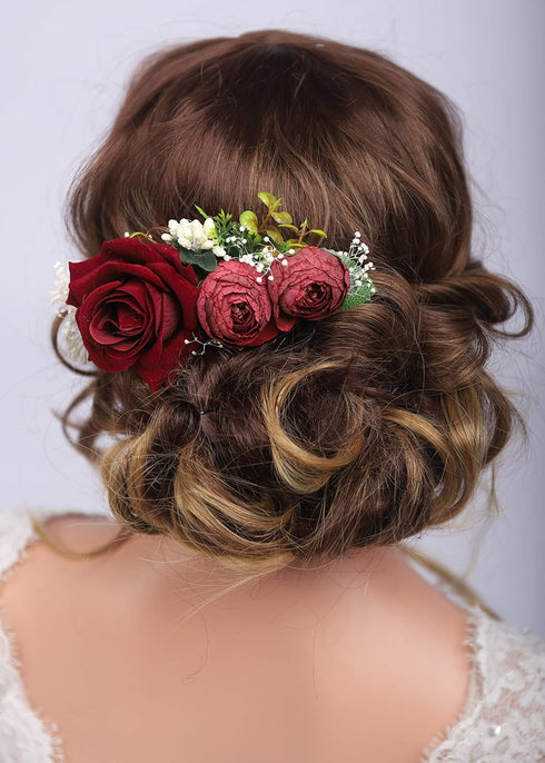 Kercisbeauty Red Rose Burgundy Hair Comb, Vintage Bridal Floral Headband for Women Girls Party