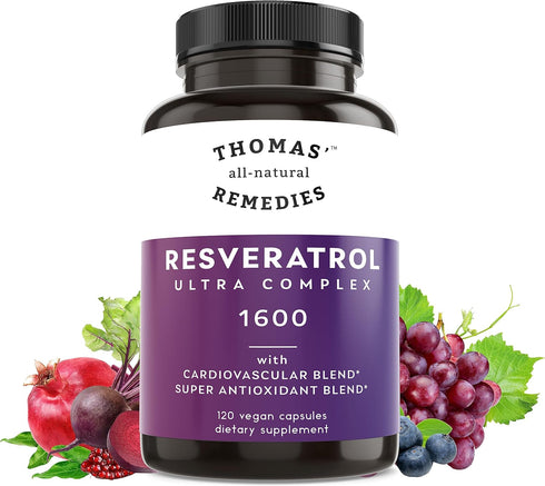 Thomas' Resveratrol 1600mg Organic Antioxidant Supplement with Grape Seed Extract & Quercetin, 120 Capsules