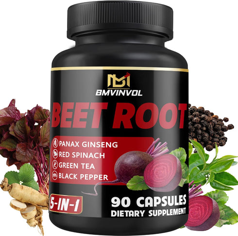 Beet Root Capsules - Green Tea, Red Spinach, Ginseng, Black Pepper, 90 Count for Digestive and Immune Support