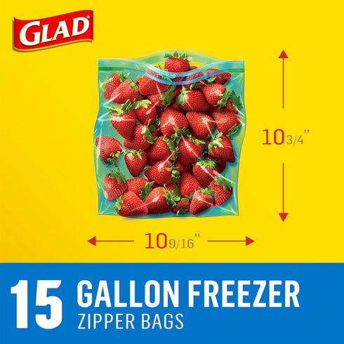 Glad Zipper Freezer Storage Plastic Bags, Gallon, 15 Count