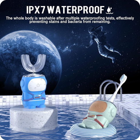 RexCodar Ultrasonic Kid's U-Shaped Electric Toothbrush, IPX7 Waterproof, Five Cleaning Modes, Smart Reminder (Blue)