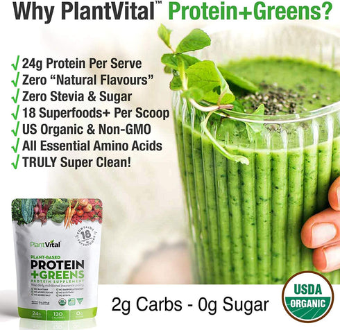 Plantvital Organic Vegan Protein Powder, Unflavored, 18 Superfoods, 16oz Pouch, Gluten Free