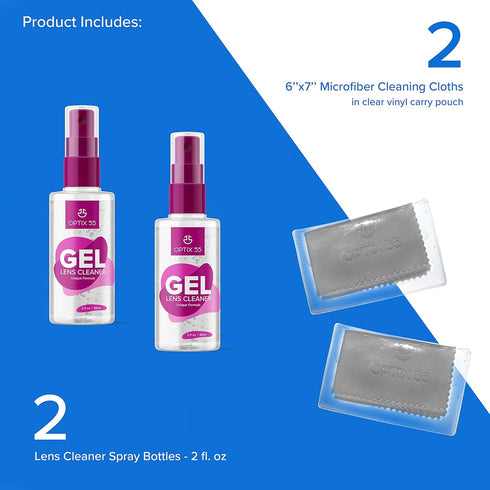 Gel Lens Cleaner Kit, (2) 2oz Eye Glasses Cleaner Gel Spray + (2) Microfiber Cleaning Cloths, Safe for All Lenses (4oz