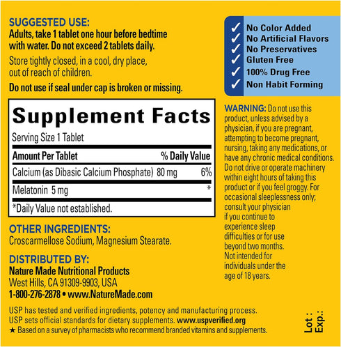 Nature Made Melatonin 5mg Extra Strength Tablets, 100% Drug Free Sleep Aid for Adults, 300 Tablets, 300 Day Supply