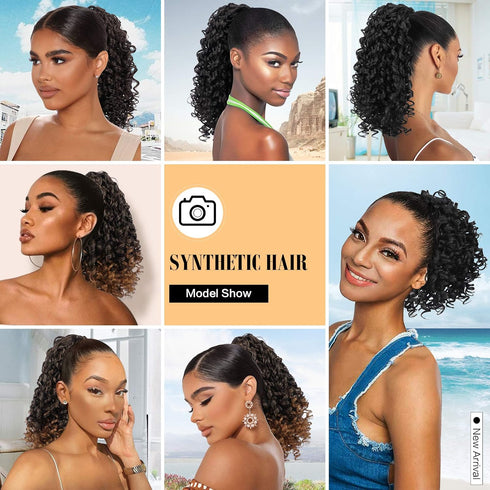 PEACOCO Curly Ponytail Extension - 10 Inch Drawstring Ponytail for Black Women, Clip on Synthetic Short Afro Hairpiece
