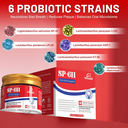 SP-6 (62 Count) Probiotics & Hydroxyapatite Toothpaste Tablets - Remineralizing Enamel Repair, Fluoride-Free Whitening