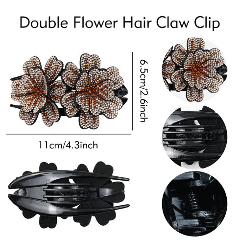 inSowni 4 Pack Luxury Fancy Gems - Korean Decorative Glitter Crystals Double Flower Hair Claws for Women Girls