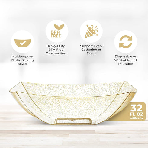 Posh Setting Square Plastic Serving Bowls, Medium Gold Glitter Disposable Party Snack Bowls, 4 Pack Heavy Duty for