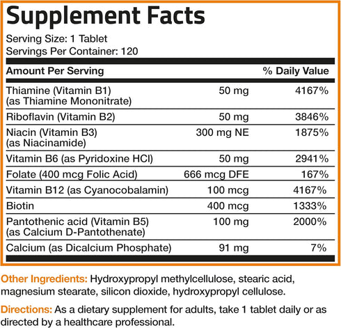 Bronson Super B Vitamin B Complex, 120 Tablets, Sustained Slow Release, Contains All B Vitamins