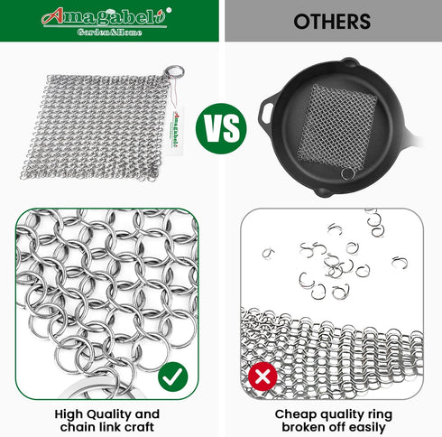 AMAGABELI GARDEN & HOME 8” x 8” 316 Stainless Steel Cast Iron Cleaner, Chainmail Scrubber for Dishes