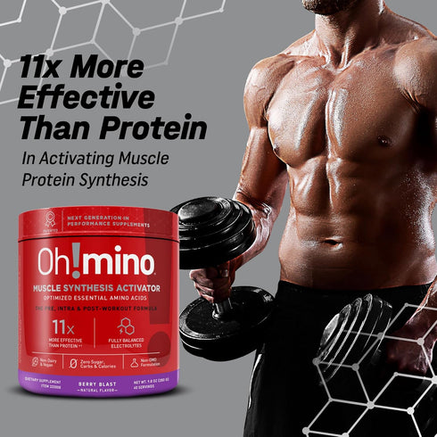 Oh!mino Amino Acid Energy Blend - Pre-Post Workout Powder, BCAA Amino Acids, 280 g, 40 Servings, Caffeinated Berry Blast
