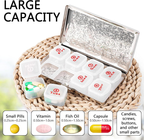 YILUTONGFA 7-Day 8 Portable Metal Pill Case, Featuring CompartmentsPerfect for Travel. BPA-Free. (L-Silver, Large)