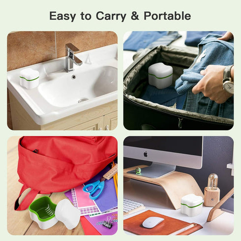 Denture Cup Bath Box Case with Strainer, Dental Retainer Cleaning Container, Light Green