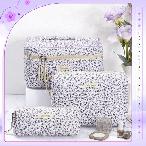 3 Pcs Quilted Makeup Bag - Large Floral Cosmetic Bag, Travel Toiletry Pouch for Women Gifts