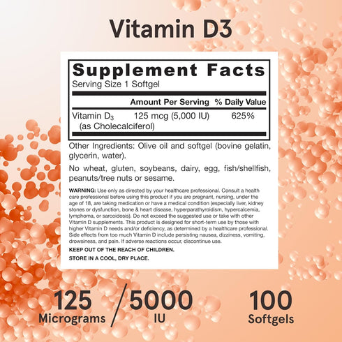 Jarrow Formulas Vitamin D3 125 mcg (5000 IU), 100 Servings, Bone Health, Immune Support, Gluten Free