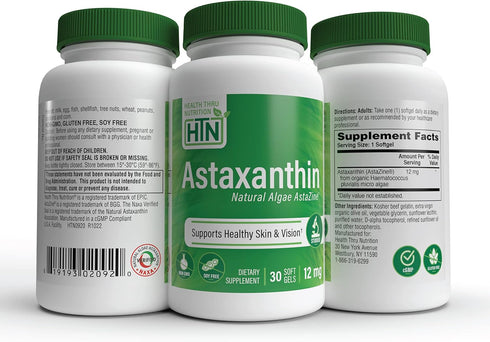 Health Thru Nutrition Astaxanthin Triple Strength 12mg 30 Softgels | AstaZine from Algae for Skin and Vision Support
