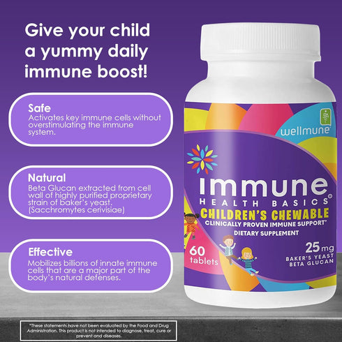 Children's Chewable Tablets - Wellmune Clinically Proven Highly Purified Beta Glucan Immunity Supplements for Kids