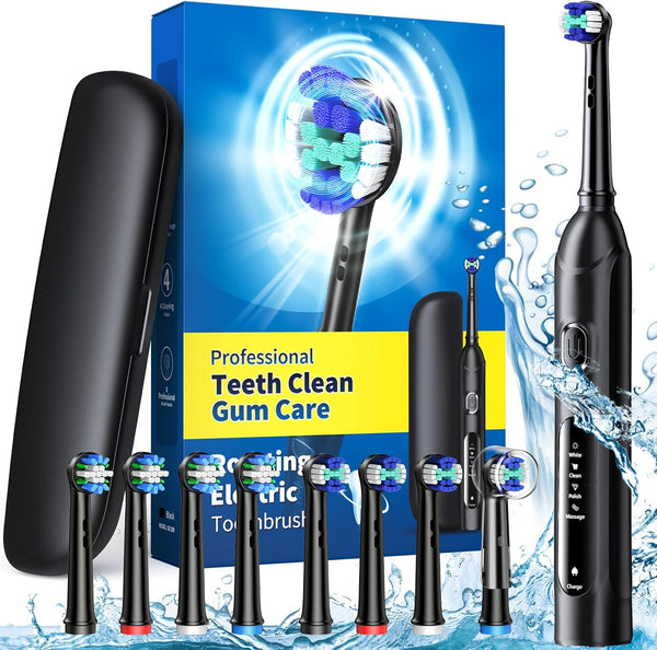 Rotating Electric Toothbrush for Adults with 8 Brush Heads (2 Types), 4 Modes, Rechargeable Power, 2 Min Smart Timer