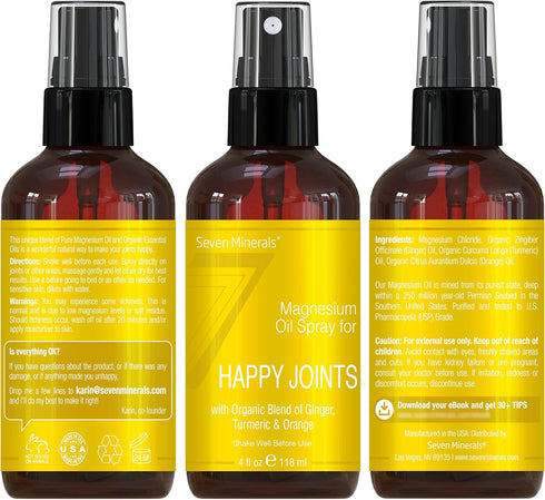 Seven Minerals Magnesium Happy Joints Spray, USA Made Magnesium Oil Blend with Essential Oils, 4 fl oz