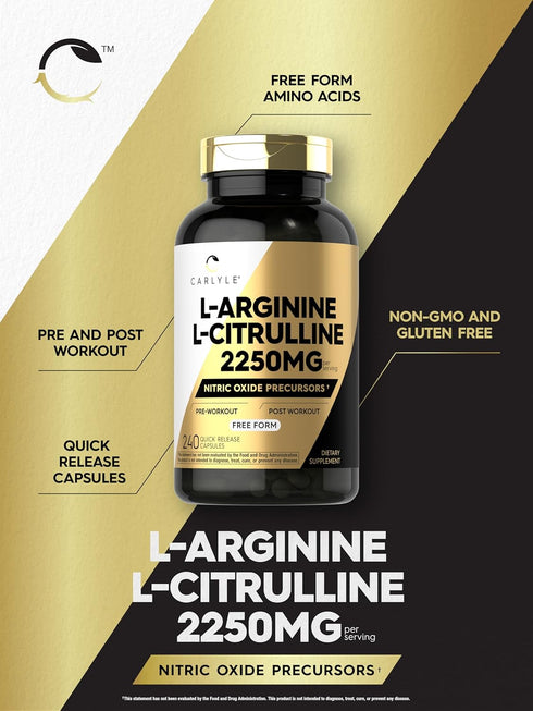 Carlyle L-Arginine L-Citrulline Complex, 2250mg, 240 Capsules, Nitric Oxide Precursors, Non-GMO & Gluten Free