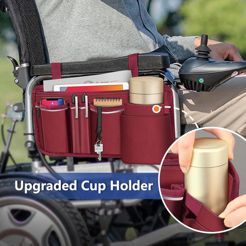 Burgundy Wheelchair Organizer Bag with Cup Holder - Versatile Mobility Accessory