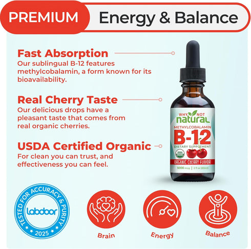 Why Not Natural Organic Vitamin B12 Liquid, Sublingual Extra Strength, 60 x 5000 mcg Drops