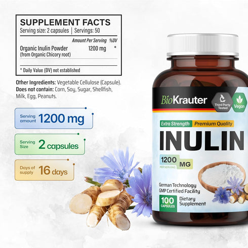 BIO KRAUTER Inulin Powder Capsules - 1200 mg Prebiotic Fiber Supplements - 100 Count Chicory Root Fiber for Digestive