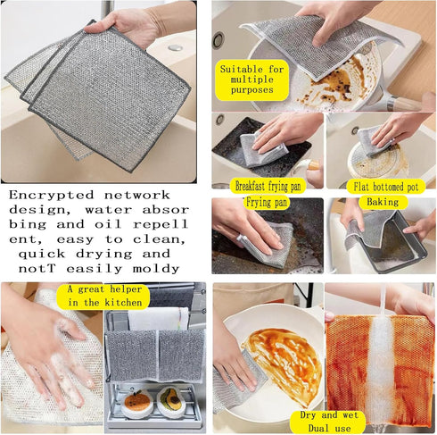Double Layer Metal Wire Dishwashing Cloth, Dry and Wet Dual-Purpose for Kitchen Cleaning (10 Pieces)