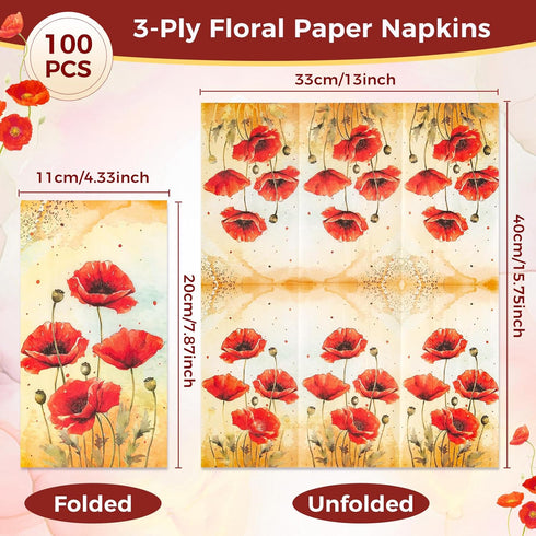 Homlouue 100PCS Watercolor Red Poppies Floral Napkins - 3 Ply Disposable Hand Towels for Bathroom Guest