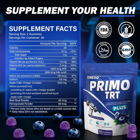 Oneoo Gummies, Gummies Gummy Primo TRT Official Primo TRT for Men, Maximum Strength Energy Support, Primo TRT Male
