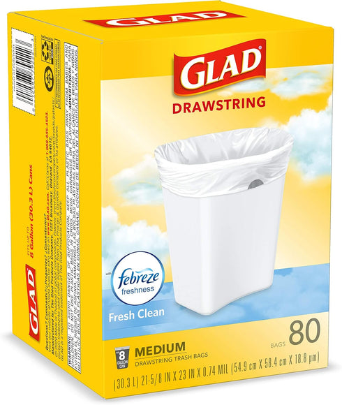 Glad 8 Gallon Medium Kitchen Drawstring Trash Bags, 80 Count White Mini Trash Bags, Fresh Clean Scent