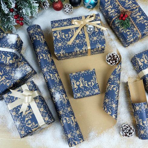 KESTAR 17 Inch 49 (69.4 Christmas Wrapping Paper Roll, Navy Blue Kraft Wrapping Paper, x Feet, Snowflake, Xmas Floral