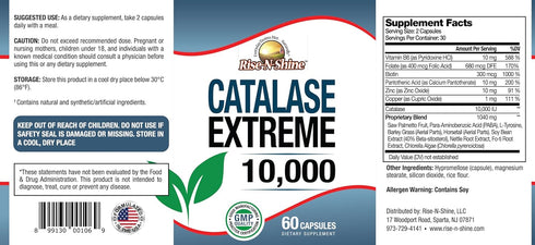Rise-N-Shine Catalase Extreme Supplement 10,000 - 60 Capsules with Saw Palmetto, Biotin, Fo-Ti, PABA
