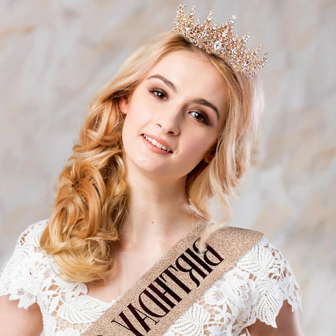Rose Gold Crown for Women Birthday Queen Sash & Rhinestone Tiara Set Decoration Hair Accessories