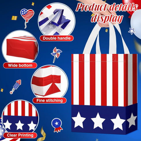 Locmeo 24 4th 8 4 10 Inch Pcs of July Patriotic Party Favor Bags with Handles Reusable Non Woven American Flag Goodie