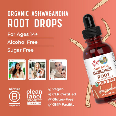 MaryRuth Organics USDA Organic Ashwagandha Root Liquid Drops, Stress Relief, Natural Calm, 60 Servings