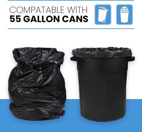 Heavy Duty 55 Gallon Trash Bags, 50 Count, Large Black Garbage Bags for Contractors, 35 x 55", Made in USA