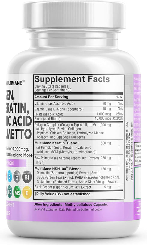 Hair Skin and Nails Vitamins - Collagen Pills 1000mg, Biotin 10000mcg, Keratin 2500mg, DHT Blocker, 90 Count