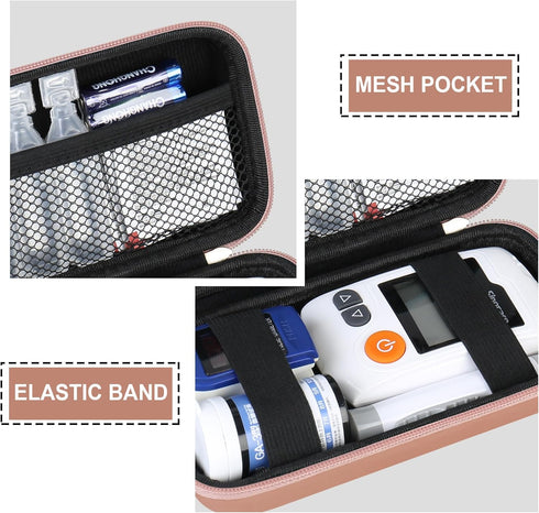 Diabetic Supplies Hard Case, Organizer Bag for Diabetes Testing Kit, Blood Glucose Monitor, Rose Gold