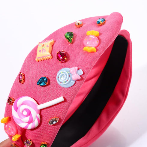 Knotted Headband for Women - Lollipop Candy Charms Crystal Jeweled Top Knot Hairband, Funny Gifts for Girls