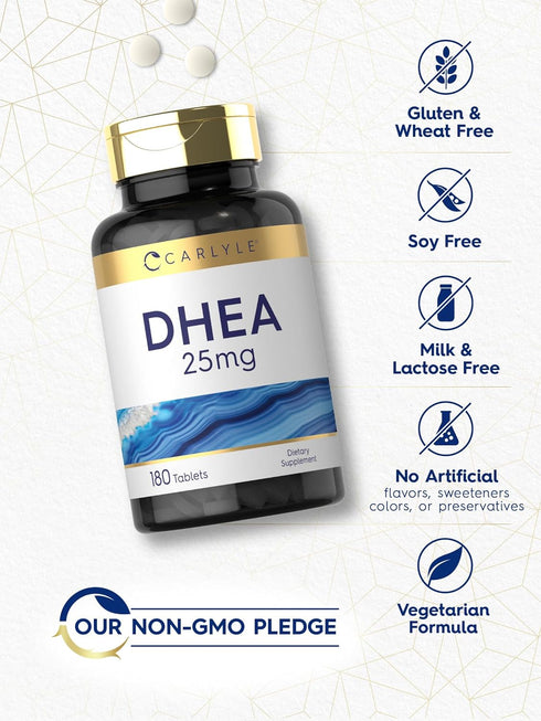 Carlyle DHEA 25mg Supplement | 180 Vegetarian Tablets for Men and Women, Non-GMO & Gluten Free
