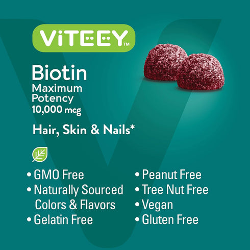 Viteey Biotin Gummies for Hair Growth - 10,000 mcg Vegan, Gluten-Free, Non-GMO - 60 Count for Hair Skin and Nails