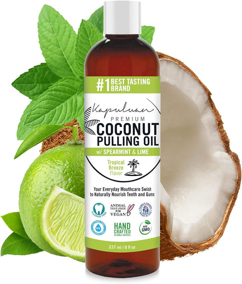 Coconut Pulling Oil for Teeth and Gums Mouthwash, 100% Pure Natural, Refreshing Spearmint and Lime Essential Oils