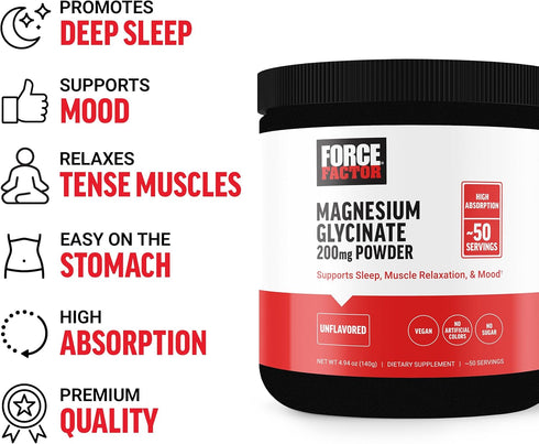 Force Factor Magnesium Glycinate 200mg, Magnesium Supplement for Women and Men to Support Sleep, Muscle Relaxation, and Mood, High Absorption, Vegan, 50 Servings